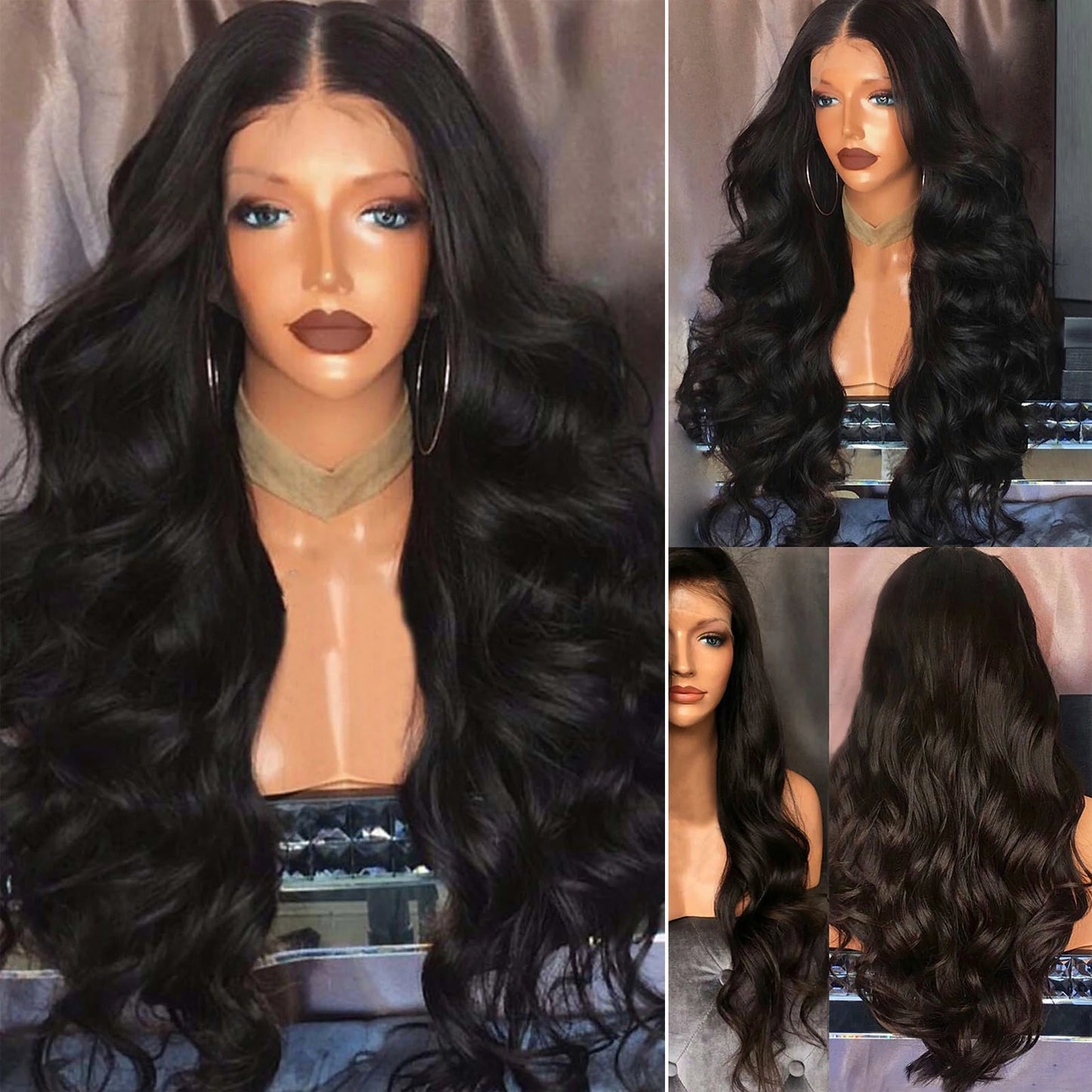 Lace Black Wavy Wig 26 Inch Front Synthetic Fiber High Temperature Silk Wig Middle Part Curls Naturally For Women Everyday