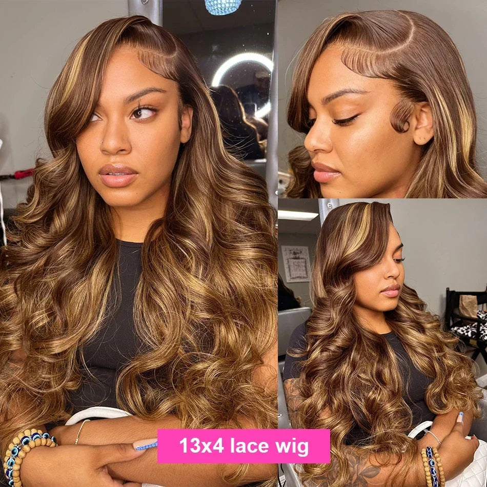 Highlight Wig 100% Human Hair Ombre Brown Lace Frontal Wig Brazilian Bleached Wigs Woman Honey Blond Body Wave Lace Front Wig