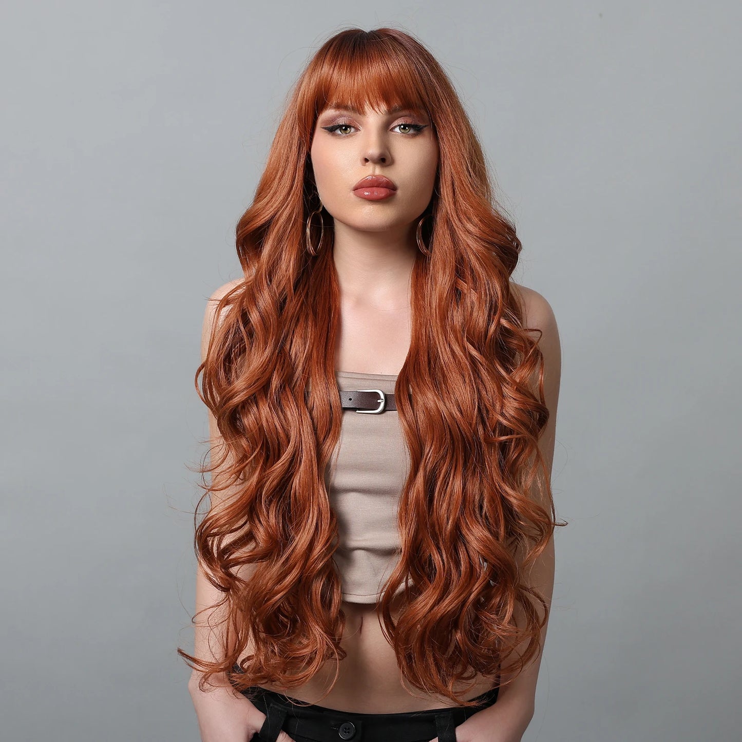 GEMMA Copper Ginger Long Wavy Wig Synthetic Red Brown Wigs with Bangs for Women Natural Hair Cosplay Daily Wig Heat Resistant