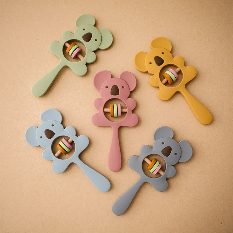 1PC Silicone Teether Koala Elephant Handbells Rattles BPA Free Rodents Teething Necklace Food Grade Infant Chewable Baby Toys