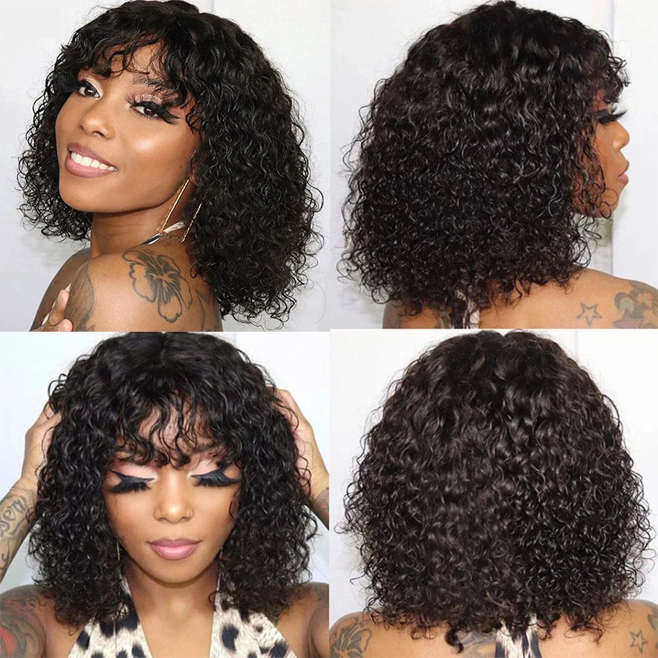 Kinky Curly Wigs With Bangs Full Machine Made Wigs Virgin Hair Peruvian Long Curly Human Hair Wigs Natural Black Non Lace