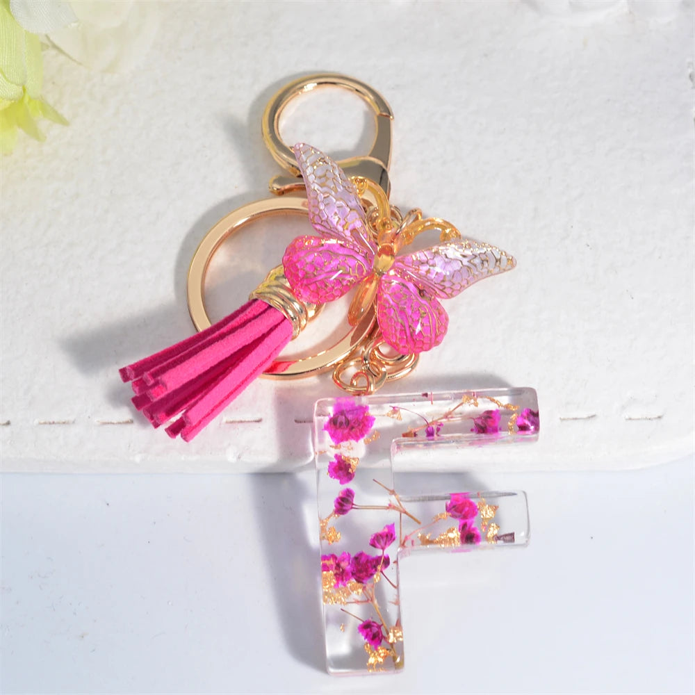 Exquisite Pink Dry Flower Resin 26 Initial Keychain Butterfly Tassel Pendant A to Z Keyring for Women Valentine's Day Gift