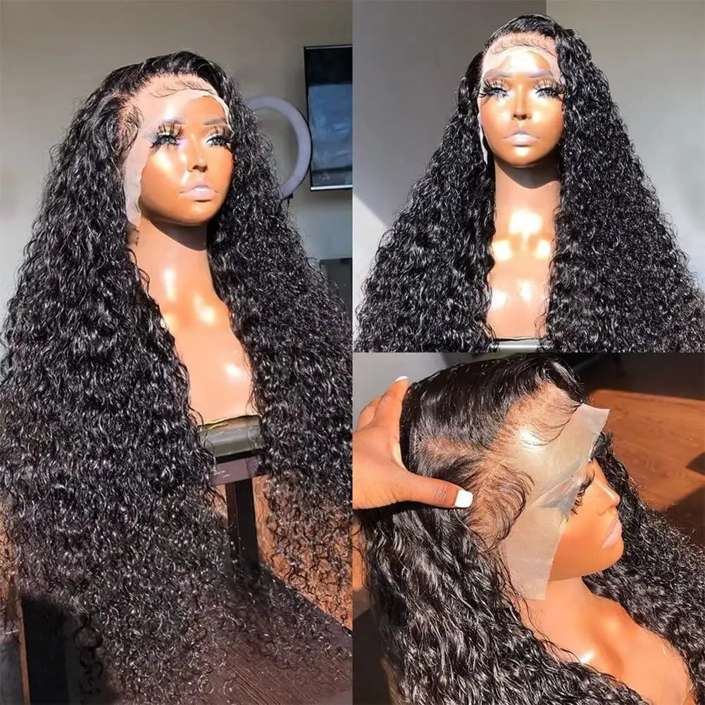 180% Deep Wave Frontal Wig 13x6 HD Lace Frontal Wigs For Women Water Wave Curly Lace Front Human Hair Wig 13x4 High Density 1B