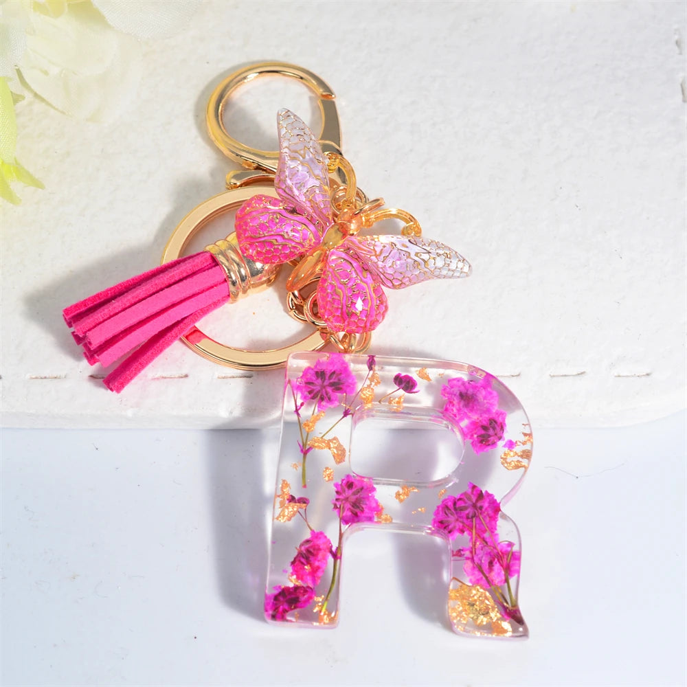 Exquisite Pink Dry Flower Resin 26 Initial Keychain Butterfly Tassel Pendant A to Z Keyring for Women Valentine's Day Gift