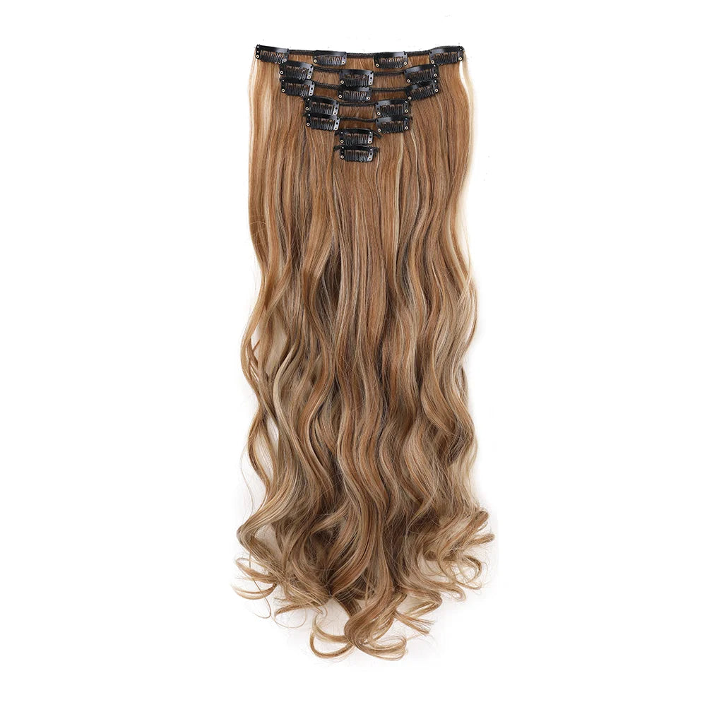 22Inch Long Body Wave Clip in Hair Extension Hairstyle 16 Clips 7Pcs/Set Synthetic Black Brown Hairpieces For Women