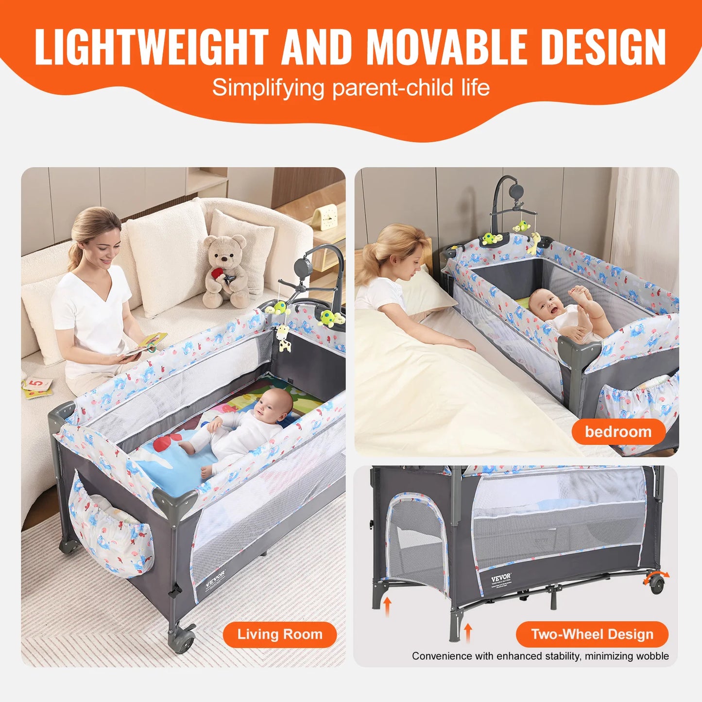 VEVOR Baby Bassinet 77 pounds Load Capacity Easy to Fold Portable Baby Bassinet Bedside Sleeper with Storage Basket and Wheels