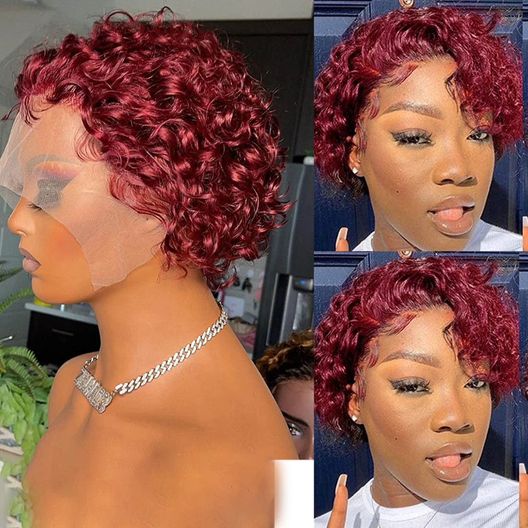 99J Burgundy Highlight Honey Colored Short Curly Pixie Cut Lace Wig Pre plucked Bob Wig 13x2 Lace Front Curly Human Hair Wigs