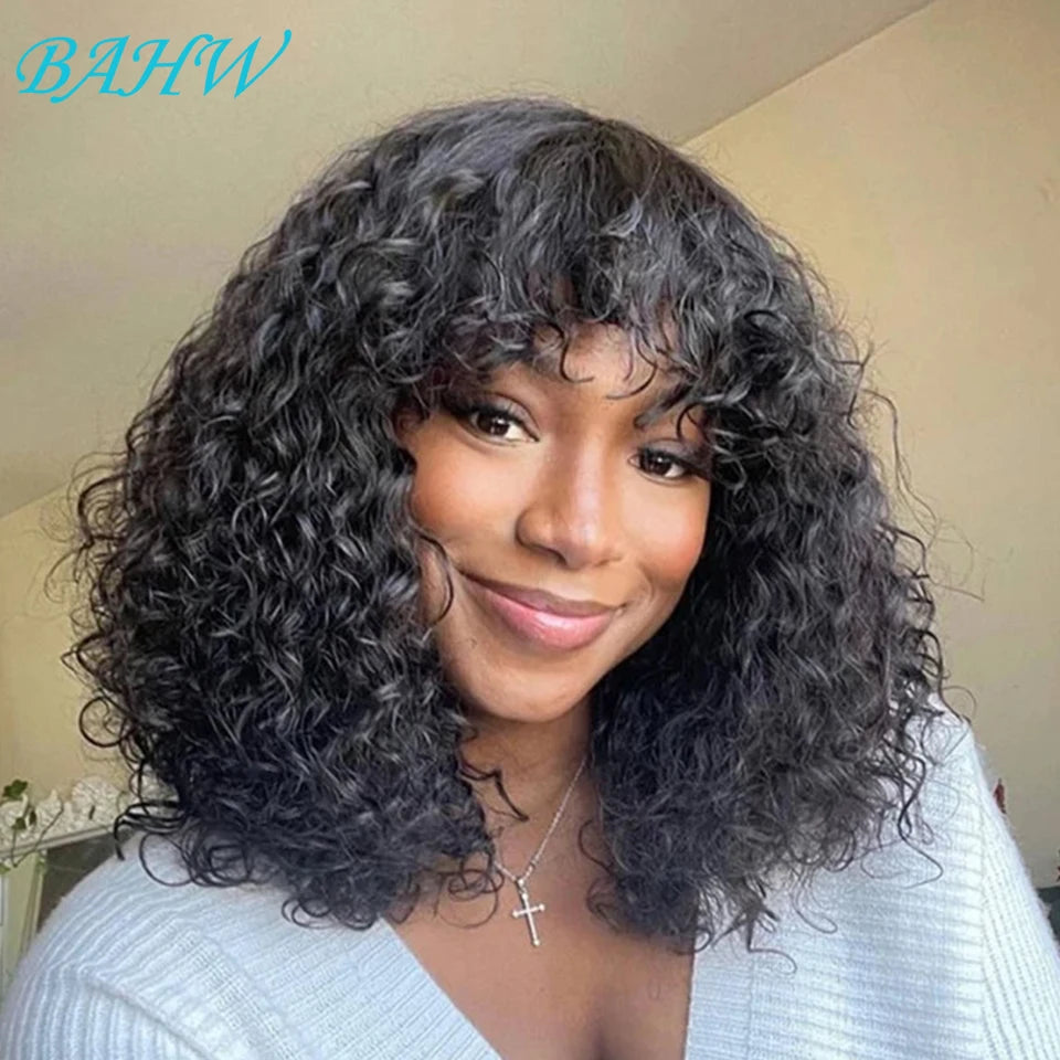 Kinky Curly Wigs With Bangs Full Machine Made Wigs Virgin Hair Peruvian Long Curly Human Hair Wigs Natural Black Non Lace