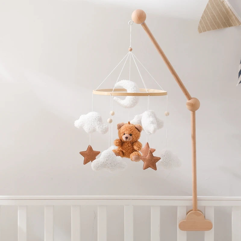 Wooden Crib Mobile Baby Bed Bell Rattle Toy Soft Felt Cartoon Bear Mobile Hanging Newborn Music Box Bed Bell Hanging Bracket Toy