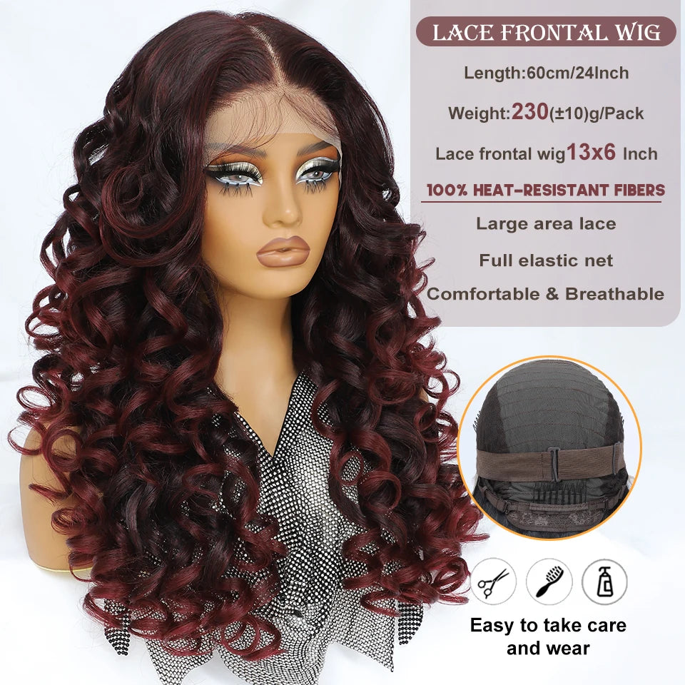 Latisha 13X6 HD Synthetic Lace Front Wigs Curly Pre Plucked Lace Frontal Wig with Bangs for Women Highlight with Babyhair 24Inch