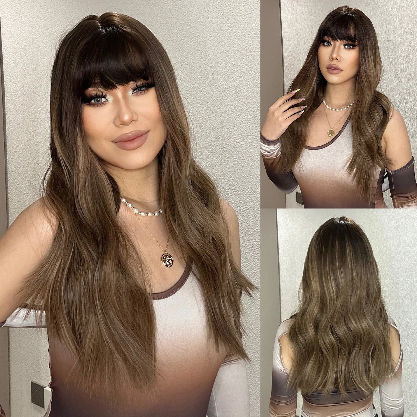 Long Wavy Layered Synthetic Wigs for Women Brown Highlights Wigs With Side Bangs Natural Hair Daily Party Heat Resistant Wig