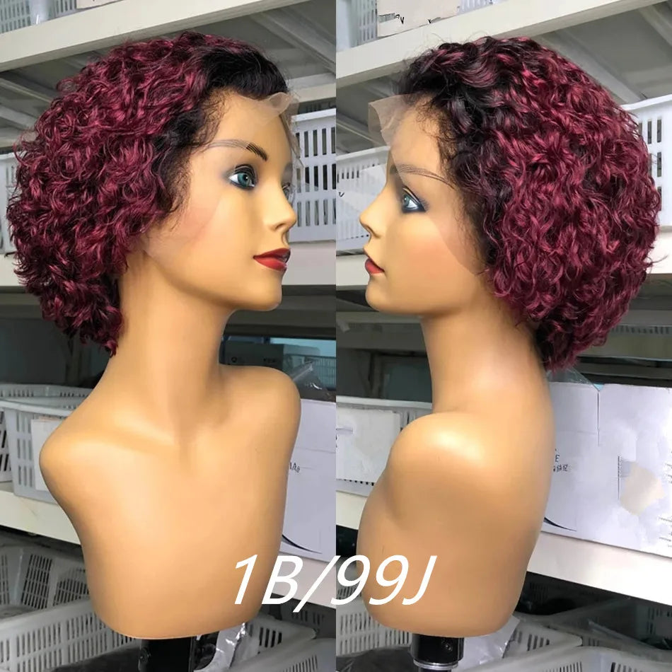 99J Burgundy Highlight Honey Colored Short Curly Pixie Cut Lace Wig Pre plucked Bob Wig 13x2 Lace Front Curly Human Hair Wigs