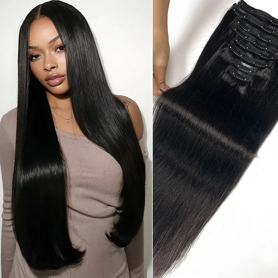 Natural Straight Clip in Hair Extensions Human Hair Seamless Clip in Extensions 100% Unprocessed Full Head Brazilian Virgin Hair