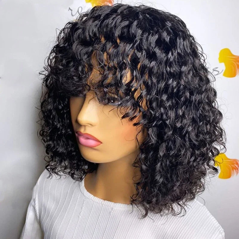 Kinky Curly Wigs With Bangs Full Machine Made Wigs Virgin Hair Peruvian Long Curly Human Hair Wigs Natural Black Non Lace