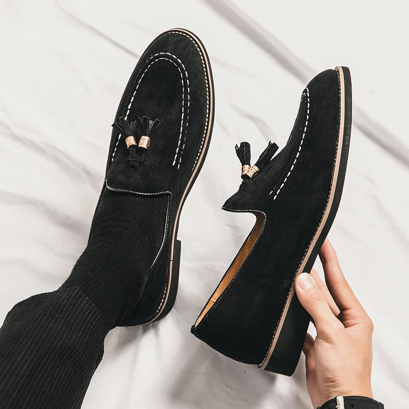 New Luxury Tassel Leather Men Shoes Slip On Loafers Round Toe Patchwork Suede Dress Shoes Man Daily Wedding Party Shoes for Man