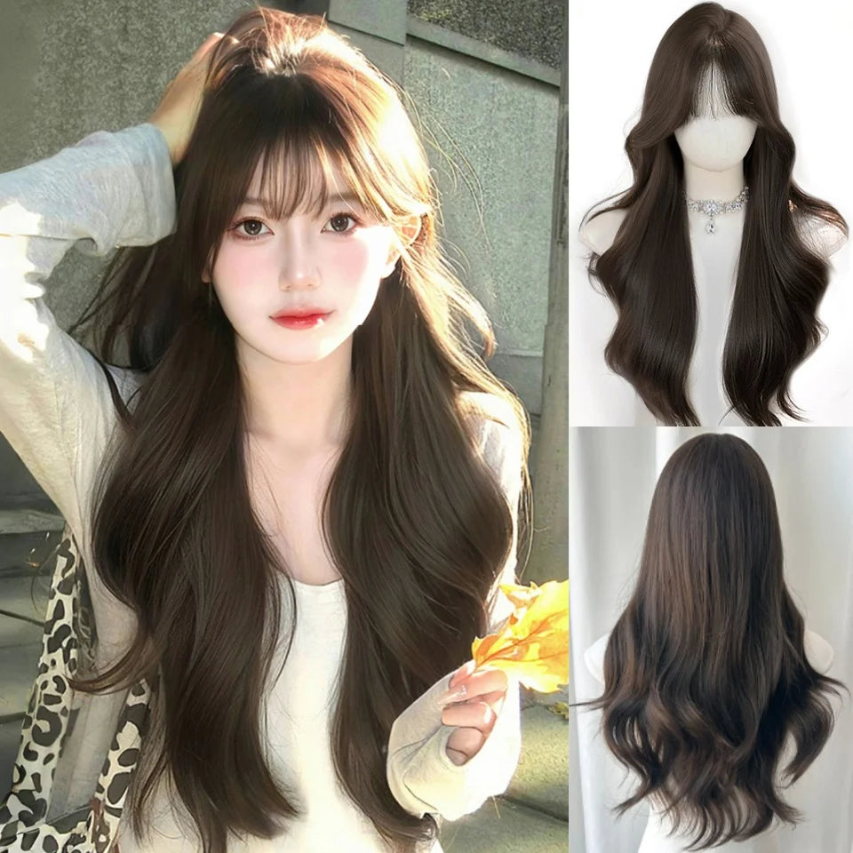 LM Long Body Wave Black And Gray Ombre Cosplay Wigs Heat Resistant Synthetic Wigs Bangs Natural Lolita Wigs For Women Halloween