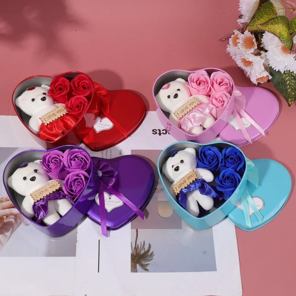 Bear Rose Gift Box Valentines Day Flower Love Box Bears Bouquet Wedding Birthday Home Party Decoration Gift for My Girlfriend