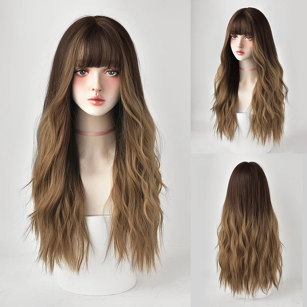 Dense Long Wave Wig Women Wig with Bangs Blonde Cospaly Lolita Daily Party Synthetic Wigs Heat Resistant Fiber Natural Fake Hair