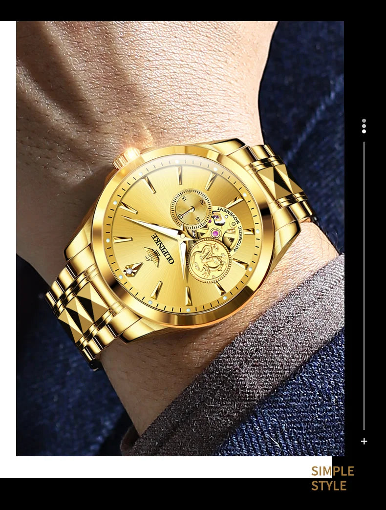 OUPINKE Luxury Top Brand Real Gold Dragon Watch Real Diamond Men's Chronograph Wristwatch Automatic Mechanical Luminous