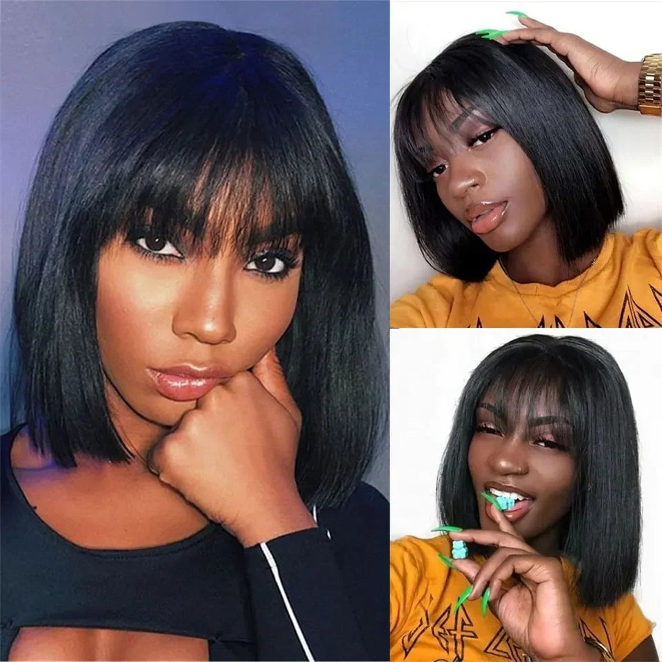 Peruvian Human Hair Wig with Bangs Virgin Straight Hair Bob Wigs Full Machine Made Wig For Women 8-16 Inches No Lace Bob Wigs