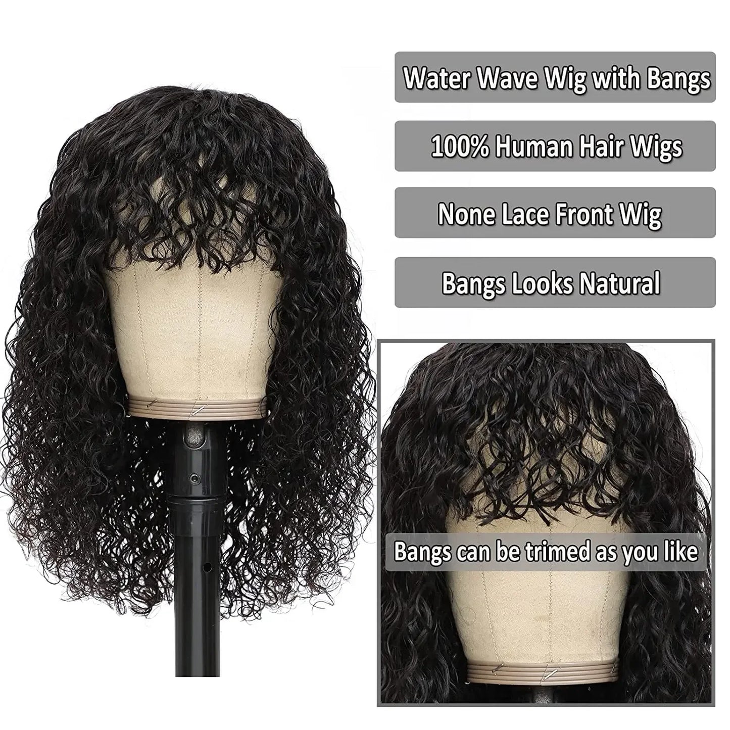 Kinky Curly Wigs With Bangs Full Machine Made Wigs Virgin Hair Peruvian Long Curly Human Hair Wigs Natural Black Non Lace