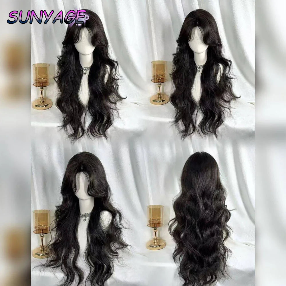 SUNYAGE Lolita Black Wig for Women Long Wavy Hair 75cm Curly Wig with Bangs Cosplay Headband Wigs Synthetic Wigs for Daily Use