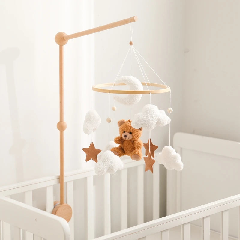 Wooden Crib Mobile Baby Bed Bell Rattle Toy Soft Felt Cartoon Bear Mobile Hanging Newborn Music Box Bed Bell Hanging Bracket Toy