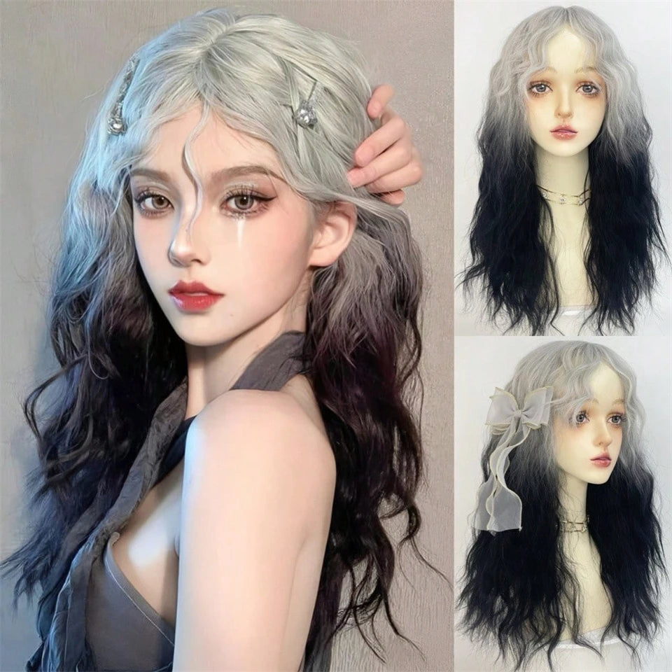 LM Long Body Wave Black And Gray Ombre Cosplay Wigs Heat Resistant Synthetic Wigs Bangs Natural Lolita Wigs For Women Halloween