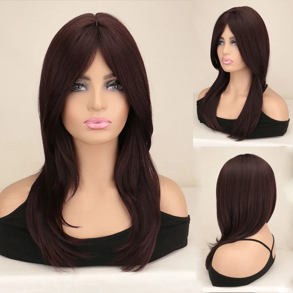 QQXCAIW Natural Long Wavy Wig For African American Women Cosplay Black Heat Resistant Synthetic Hair Daily Wigs