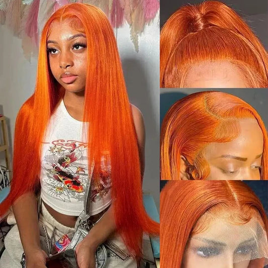 Ginger Orange Bone Straight 13x4 Transparent Lace Frontal Human Hair Wig Peruvian #350 13x6 Lace Front Wigs For Women 32inch