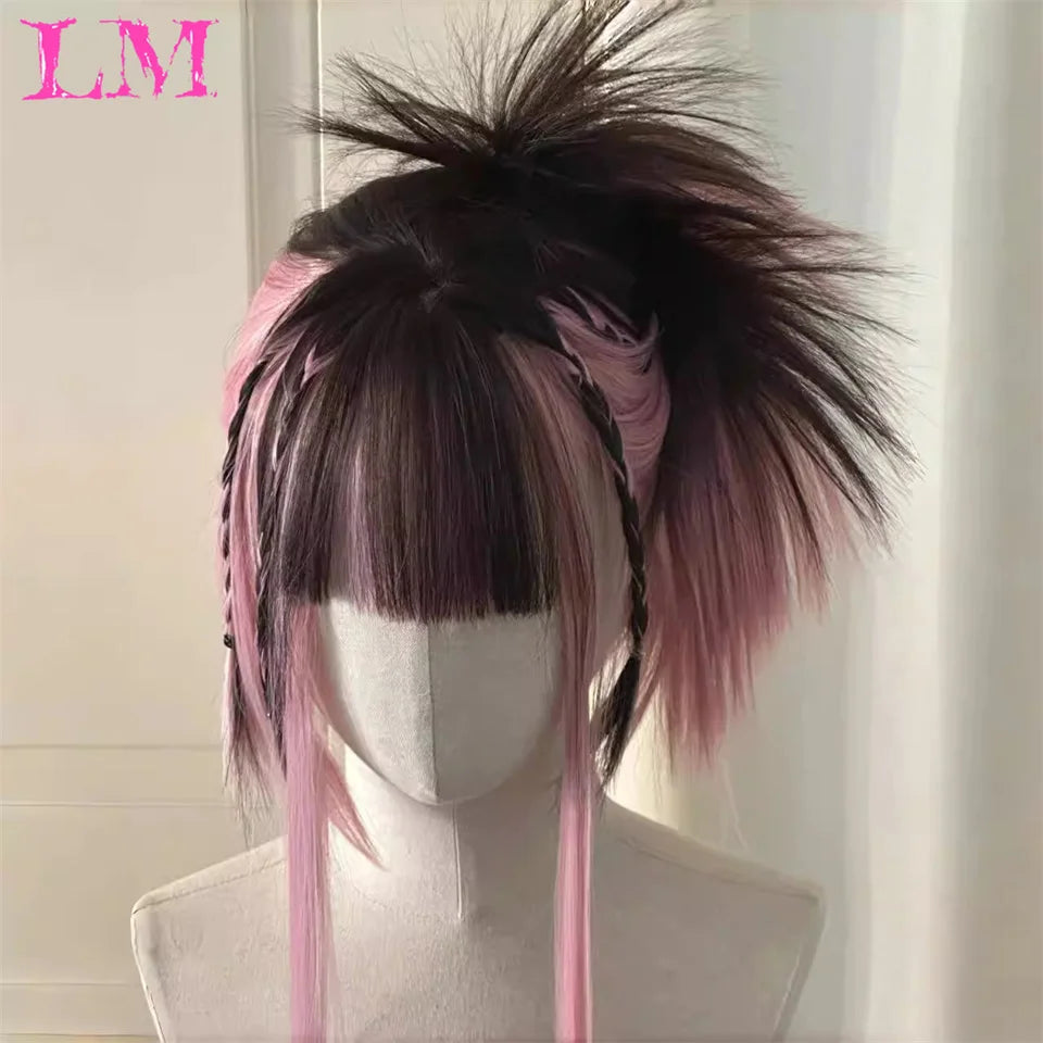 Pink Short Bob Straight Synthetic Wig with Bangs for Cosplay Lolita Fake Hair for White Women Party Natural Wig High Temperature