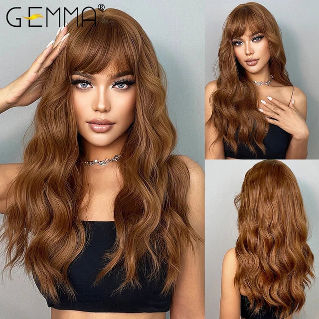 Long Wavy Light Ash Blonde Synthetic Wigs with Bangs for Women Natural Wave Cosplay Party Daily Use Hair Wigs Heat Resistant