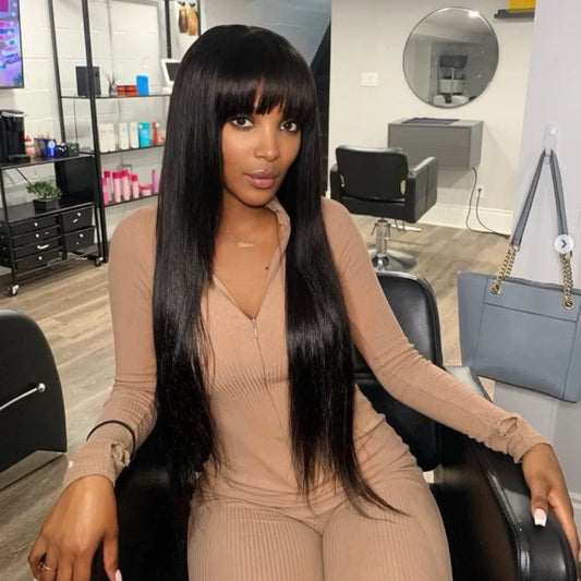 3X1 Middle Part Lace Wig Bone Straight Human Hair Wig With Bangs Brazilian Full Machine Made 100% Human Hair Wigs For Women