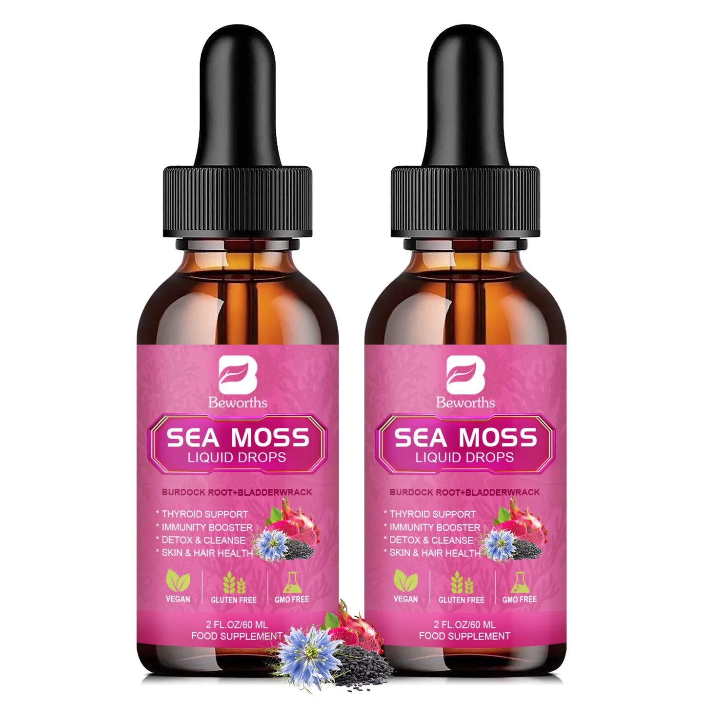 BEWORTHS 3000MG Seamoss Liquid Drop Organic Black Seed Oil & Burdock Root Bladder Enhance Immunity, Hair,Skin & Digestion Health