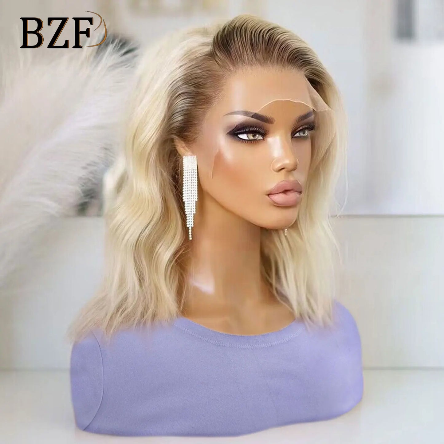 Brown Blonde Highlight Synthetic Lace Front Short Bob Wigs 13x3 Colored Straight Glueless Wig Dark Roots Blonde Wig For Women