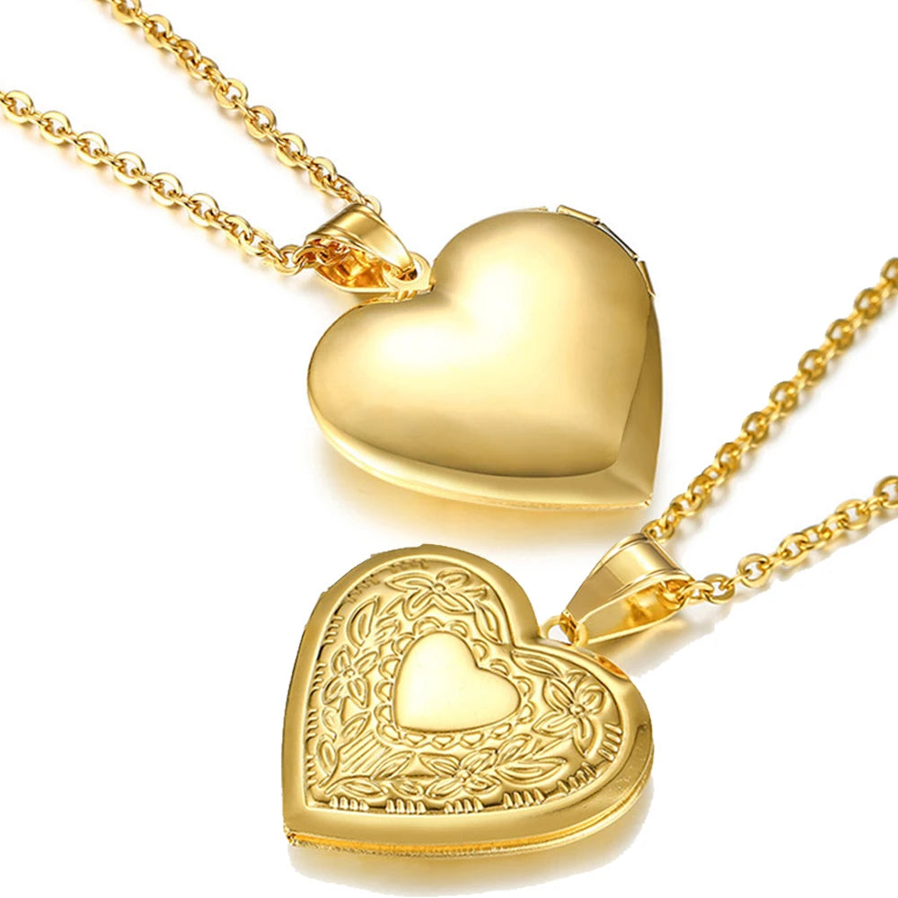 Heart Locket Pendants Necklaces For Women Gold Color Photo Frame Valentine Lovers Necklace 45/66cm Gift Jewelry