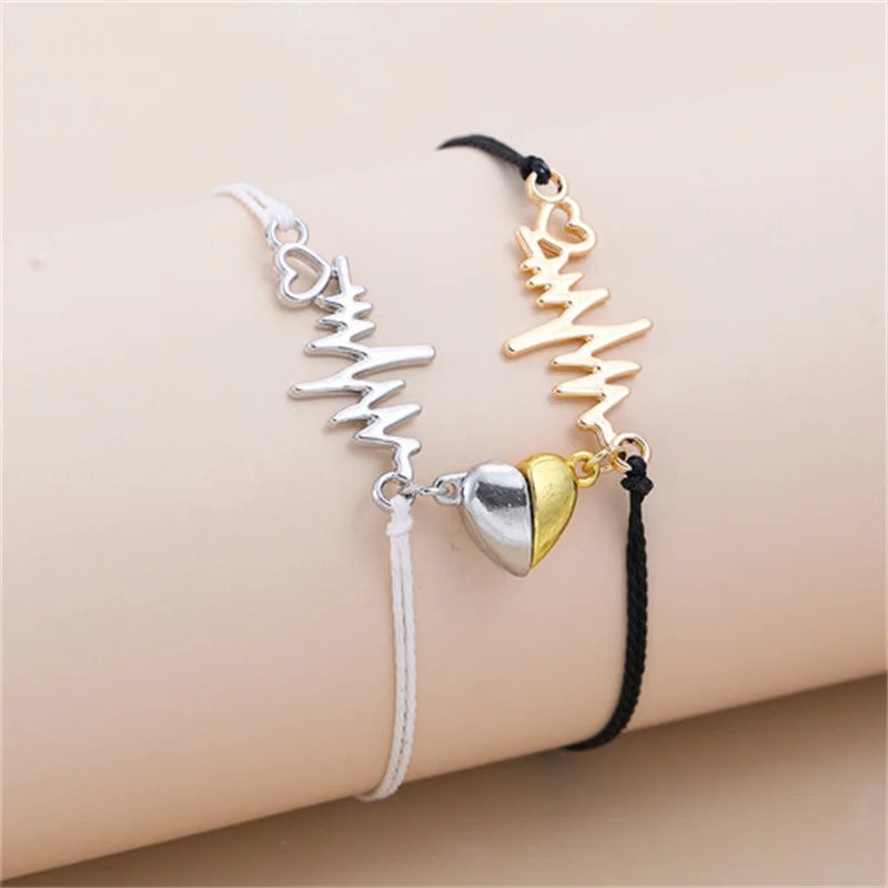 2 PC Magnetic Heart Bracelet Set for Women Couple Electrocardiogram ECG Rope Chain Friendship Valentine's Day Jewelry Charm Gift