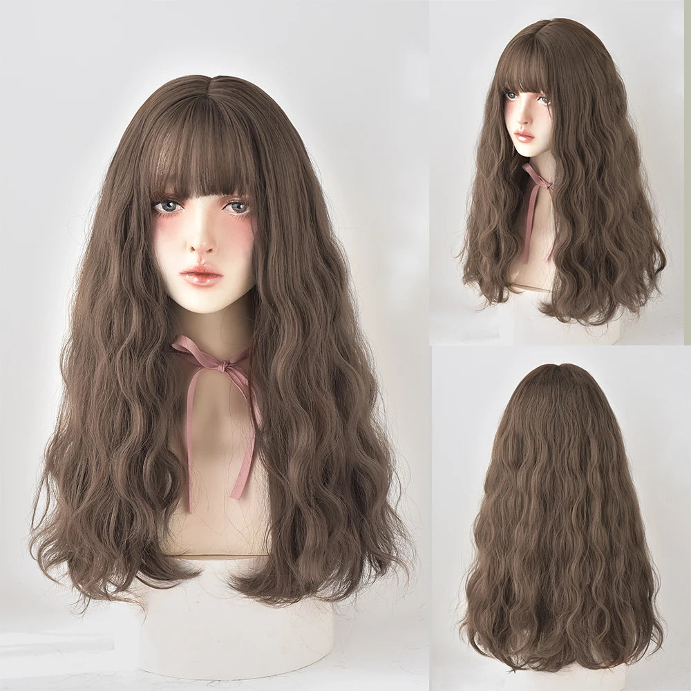 Dense Long Wave Wig Women Wig with Bangs Blonde Cospaly Lolita Daily Party Synthetic Wigs Heat Resistant Fiber Natural Fake Hair