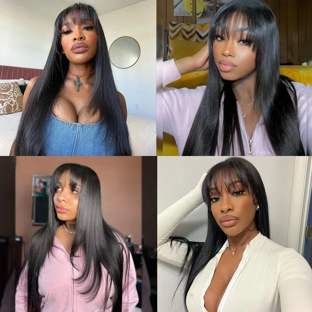 Straight Layered Cut Wigs with Bangs HD Lace Fake Scalp Synthetic Natural Layered Lace Wig For Women Glueless Heat Resistant Wig