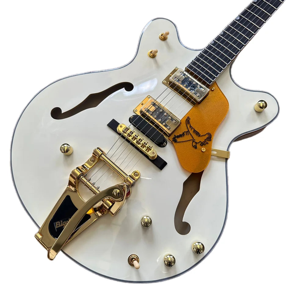 Milk-White Hollow Body Jazz Electric Guitar, Rosewood Fingerboard, Gold Hardware, Tremolo Bridge, Free Shipping