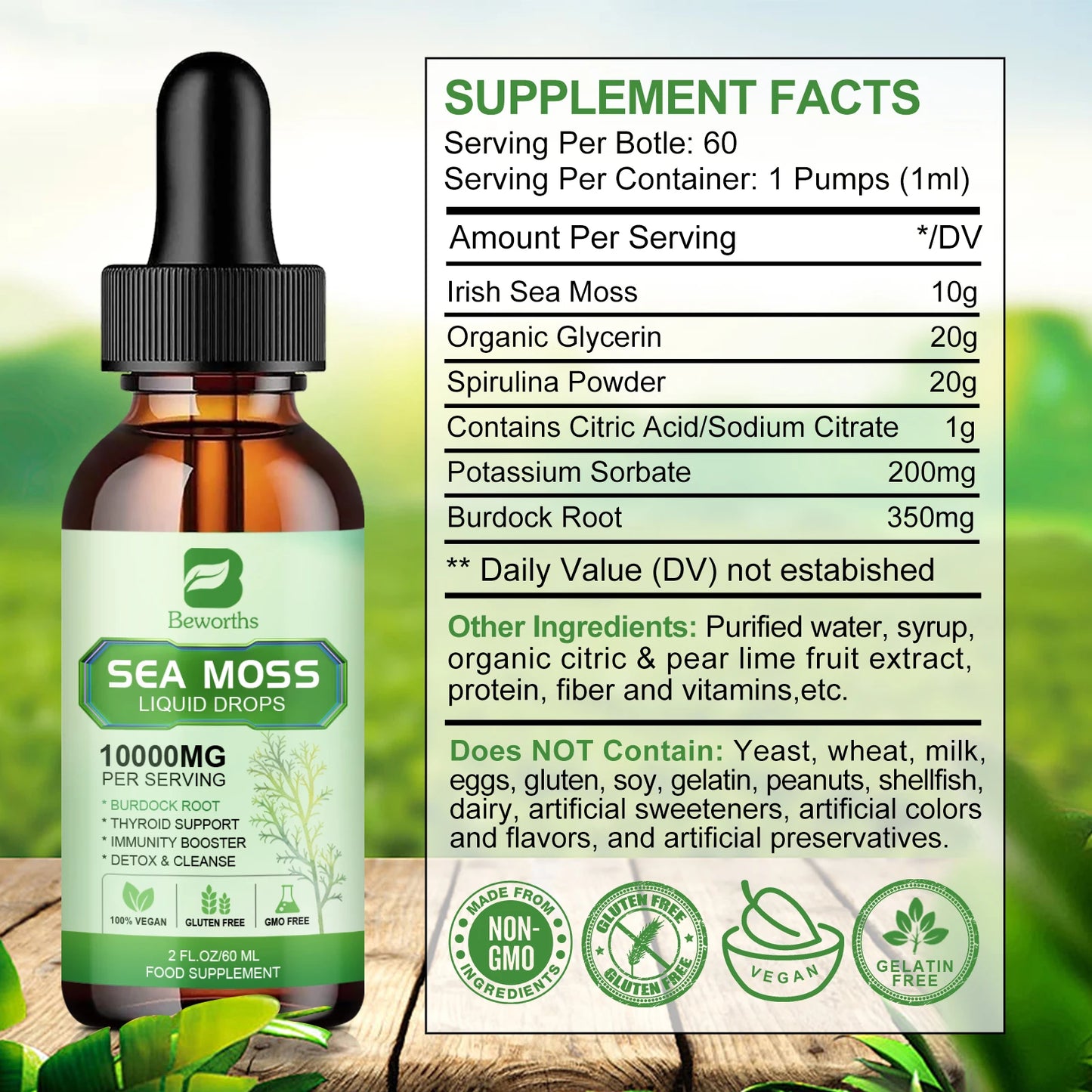 BEWORTHS Organic Seamoss Drops with Burdock Root and Spirulina Support Immunity and Gut Health, Help Digestion Weight Management