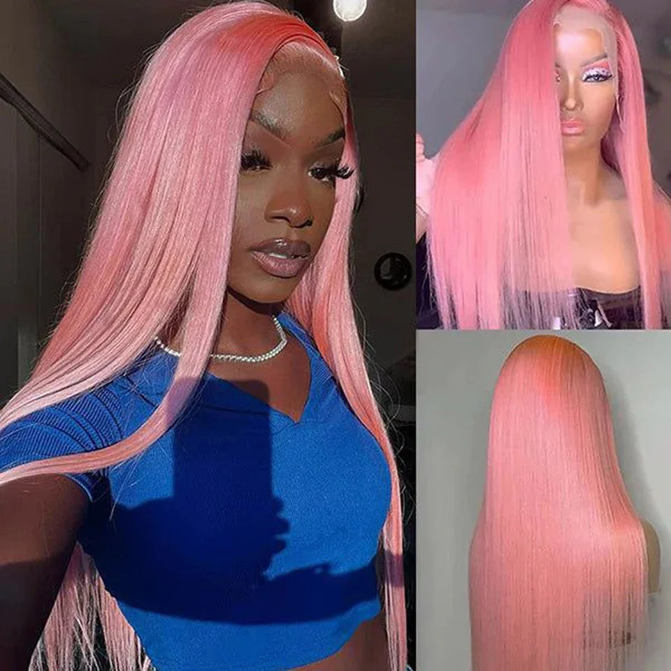 Colored Wigs Human Hair Full End 100% Pink Straight Transparent PrePlucked Brazilian HD Lace Frontal Wig 30 40 Inch For Women