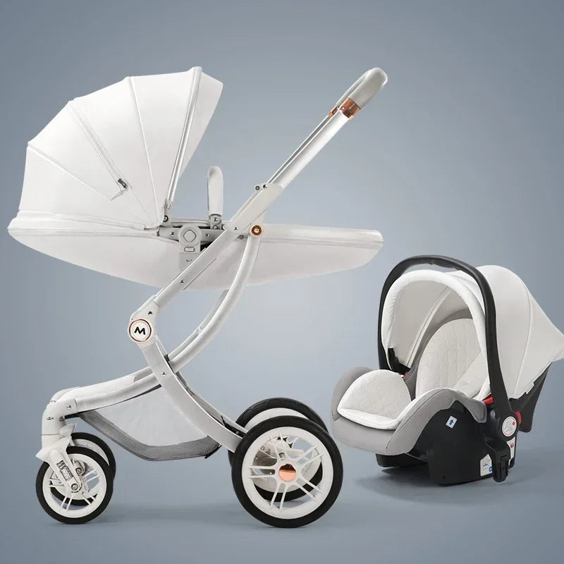 Baby Stroller 3in1,Luxury Baby Carriage with Car Seat,Eggshell Newborn Stroller Leather High Landscape PU leather