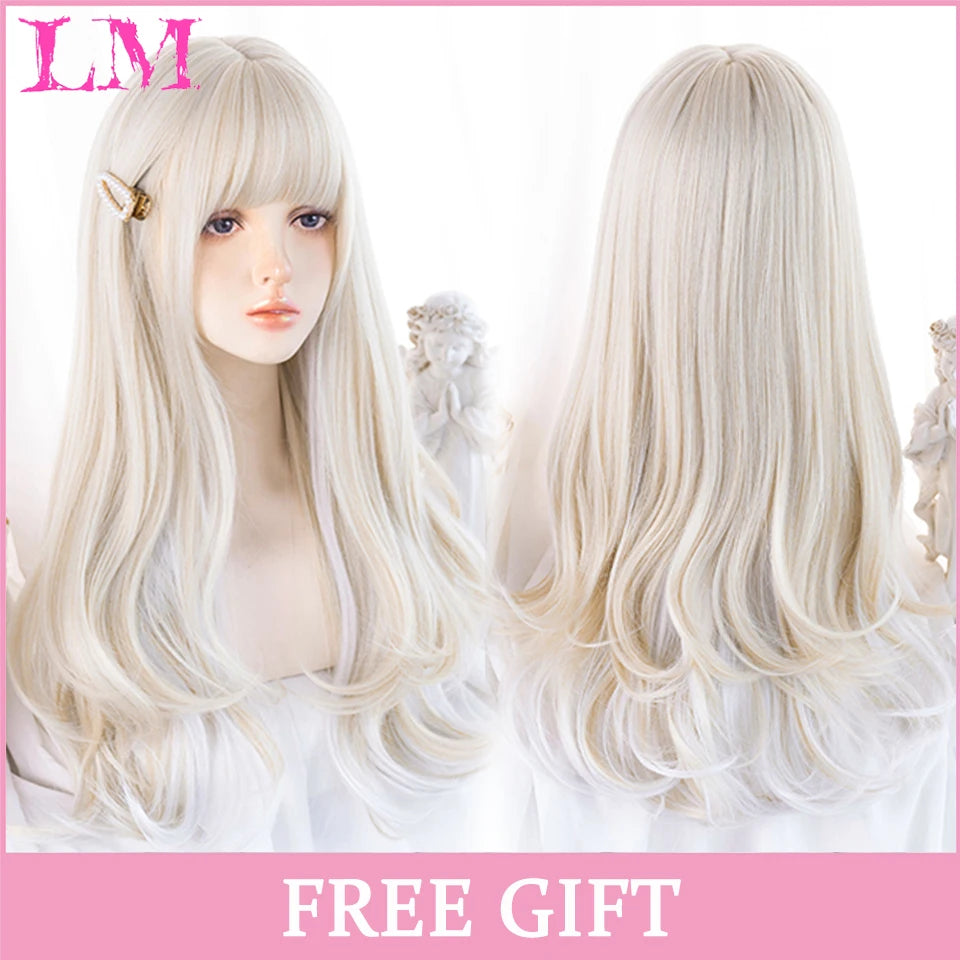 LM Cosplay Wig With Bangs Synthetic Straight Hair 24 Inch Long Heat-Resistant Pink Wig For Women