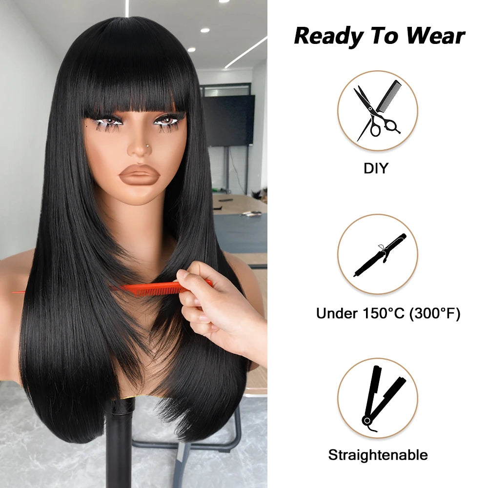 Straight Layered Cut Wigs with Bangs HD Lace Fake Scalp Synthetic Natural Layered Lace Wig For Women Glueless Heat Resistant Wig