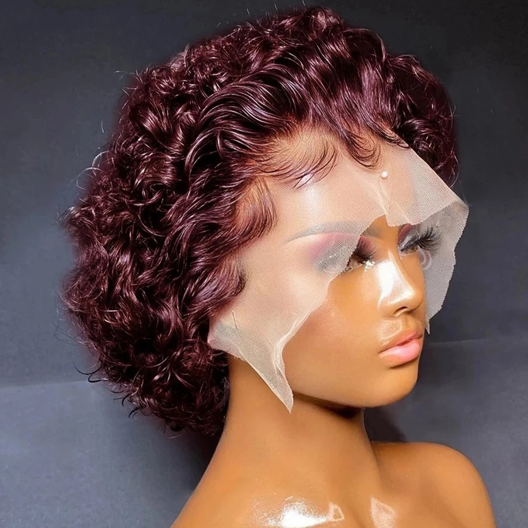 99J Burgundy Highlight Honey Colored Short Curly Pixie Cut Lace Wig Pre plucked Bob Wig 13x2 Lace Front Curly Human Hair Wigs