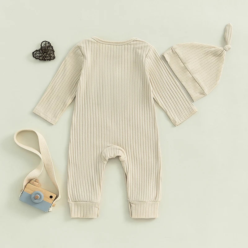 Baby Clothing Boy Bodysuits Letter Embroidered Ribbed Long Sleeve Fall Jumpsuits Hat Outfits Newborn Clothes