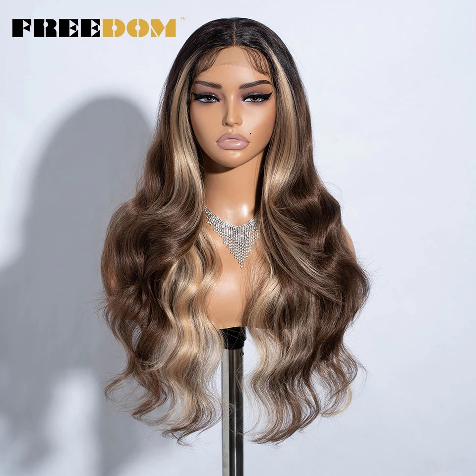 FREEDOM Synthetic Lace Front Wigs For Women  26“ Highlight Honey Brown Body Wave Wig Ombre Blonde Lace Wig Synthetic Cosplay Wig