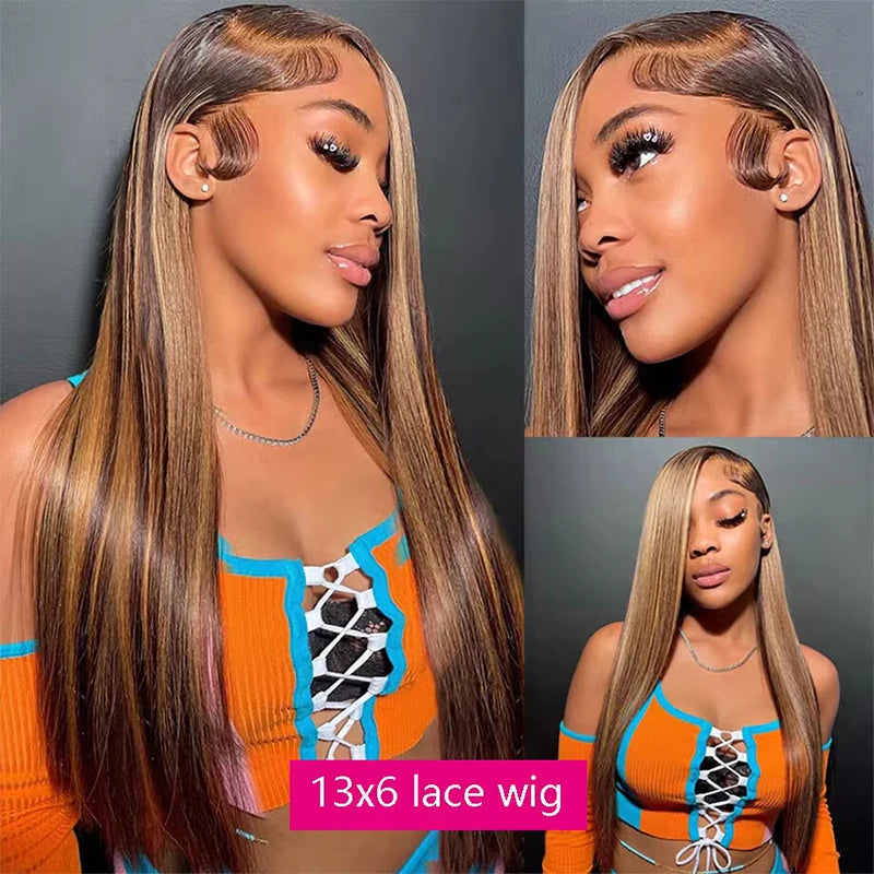 Ombre 4/27 Colored Highlight 13X6 Tansparent Lace Front Straight Wig Peruvian Human Hair Pre Plucked with Baby Hair for Women