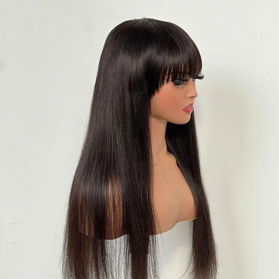 BAHW Peruvian Straight Full Machine Made Perruque with Bang Natural Color Human Hair Wig For Women Pre-Plucked Virgin Hair Wig